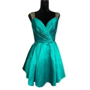 Sherri Hill Turquoise Beaded Fit and Flare Sparkle Mini Dress
